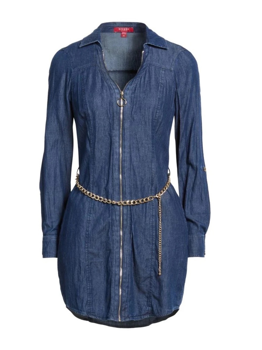 New GUESS Abelina Chambray Blue Denim Shirt Dress with Gold Chain Accent